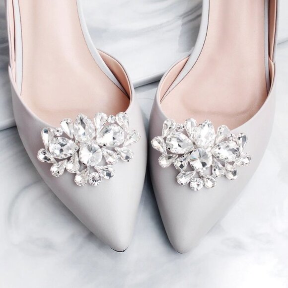 Shoe clips elegance elegant crystal silver tone wedding bridal party new large - Picture 1 of 8